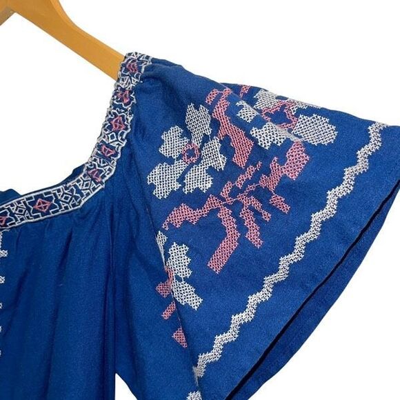 Cupcake and Cashmere Boho Embroidered Cotton Linen Mini Dress Blue Medium - Picture 4 of 11